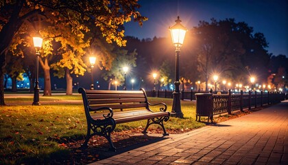Empty bench under glowing lanterns in autumn park at night with romantic scene.