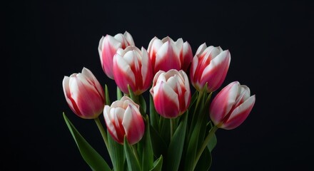 Fototapeta premium Elegant Red and White Tulips Blossoming in Full Bloom, Set Against Noir Background