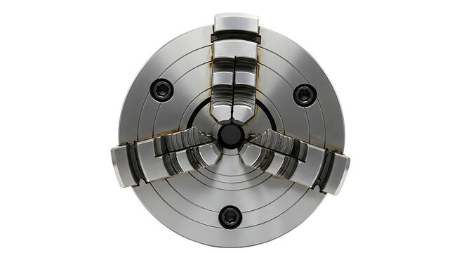 Precision Metal Lathe Chuck with Clamps on White Background - Powered by Adobe