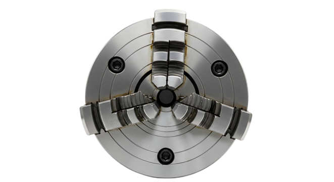 Precision Metal Lathe Chuck with Clamps on White Background
