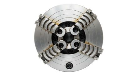 Metal CNC Lathe Chuck with Clamping Jaws in Industrial Workshop
