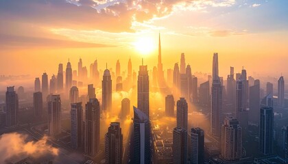 Golden Sunrise Over Modern Cityscape with Towering Skyscrapers Emerging from Foggy Clouds Bathed in Warm Light