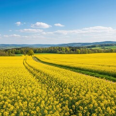 Vibrant canola field stretches to the horizon under a bright summer sky