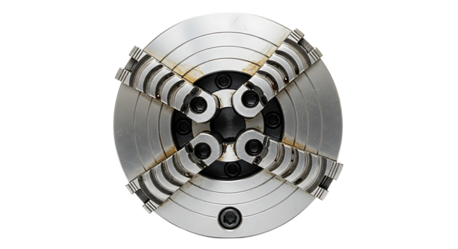 Metal CNC Lathe Chuck with Clamping Jaws in Industrial Workshop