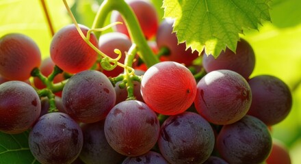 Macro View of Grapes on a Vine, Enhanced by Sunlight and Lush Foliage