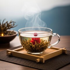 Exotic blooming tea presentation on wooden coaster with mountain backdrop