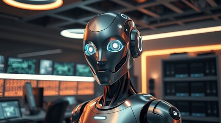 Futuristic Robot in Control Room