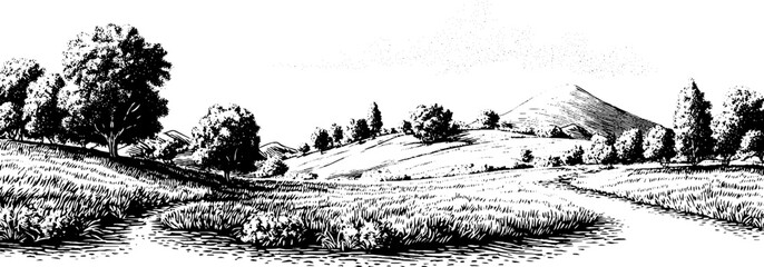 Obraz premium Scenic vintage landscape with fine stippling engraving for design and decoration