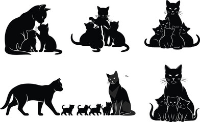 Mother cat with kittens silhouette set, feline family vector, black clipart, nurturing pets, animal bond, domestic cat icons