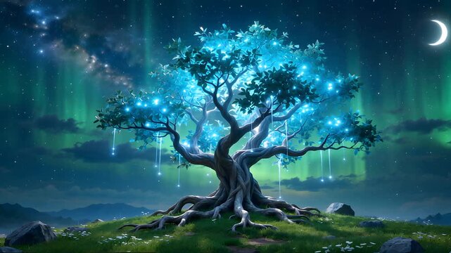 Ancient Digital Tree Under Aurora's Glow: A Serene Meadow of Cosmic Wisdom and Tranquil Light.