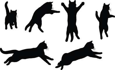 Cat silhouette set, playful feline poses vector, jumping, stretching, walking, black clipart, pet motion, animal design, domestic icons