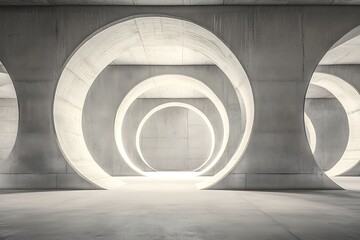 Fototapeta premium Series of concrete circles creating a tunnel effect in a modern architectural space