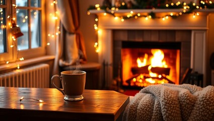Cozy fireplace with warm drink for winter relaxation