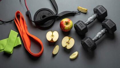 Gym weights and sliced apples arranged on a dark grey surface with resistance bands creating a fitness still life composition