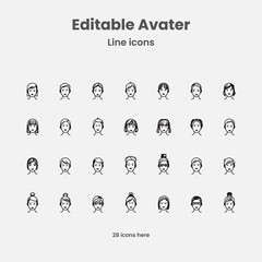 Line Avatar Icons: A collection of editable avatar line icons in a clean, minimalist style. Designed for personalization and versatile application in various digital interfaces.
