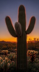 Saguaro Cactus Silhouette with Glowing Sunset in Sonoran Desert Landscape