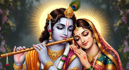 Divine Love: Radha Krishna Playing Flute with Halo and Peacock Feather