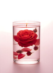 Red rose candle submerged in transparent gel. Romantic gel candle with floating petals and buds. Elegant decorative candle with rose inside glass
