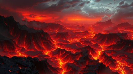 Fiery Landscape of Lava and Mountains