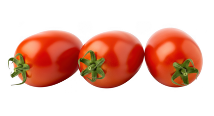 Three ripe plum tomatoes isolated on transparent background, ready to be eaten