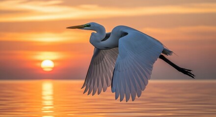 Majestic Great Egret Gliding Over Calm Waters During a Vibrant Sunset