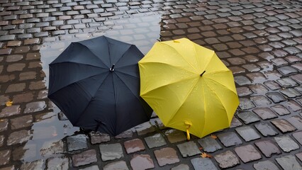 "Shared Shelter": A slightly elevated perspective looking down at two umbrellas&mdash;one a plain, sturdy black, and the other a bright, cheerful yellow&mdash;left slightly ajar and touching on a cobblestone.