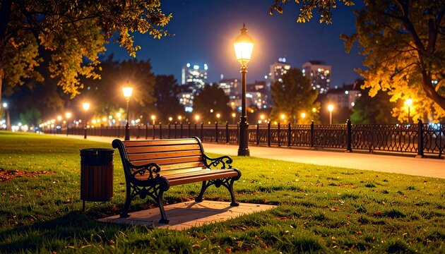 Evening park bench illuminated by streetlights with city skyline in background.