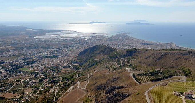 Panorama of the city of Trapani from Erice. In the background, against the horizon, are the Egadi Islands, Sicily, Italy.