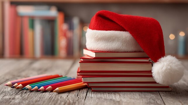 Santa hat on stack of books with colored pencils on wooden table