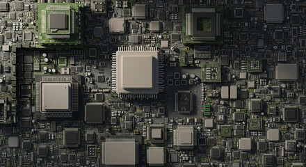 Dense Microchips and Circuit Board Abstract View of Digital Technology
A highly detailed, top-down close-up of a complex electronic circuit board or motherboard