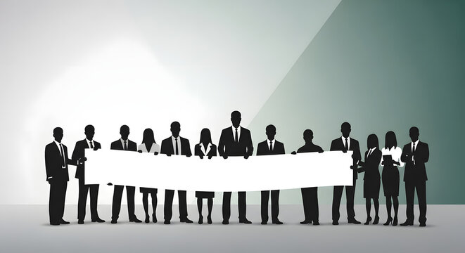 A diverse group of determined businesspeople united, holding a banner for your message, representing collaboration, teamwork, and shared vision in the corporate world