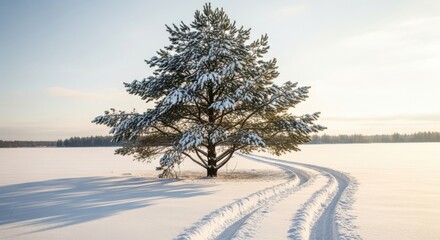 Solitary tree adorned with winter snow along a tranquil path scenery
