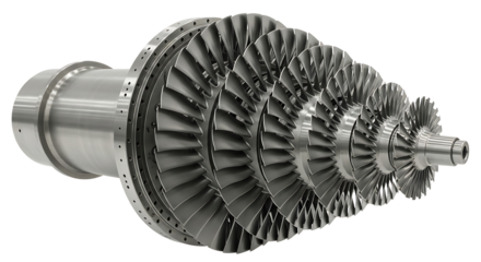 Large Industrial Gas Turbine Rotor with Multiple Blades in Metal Finish