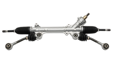 Automotive Steering Rack with Black Rubber Boots and Metal Components