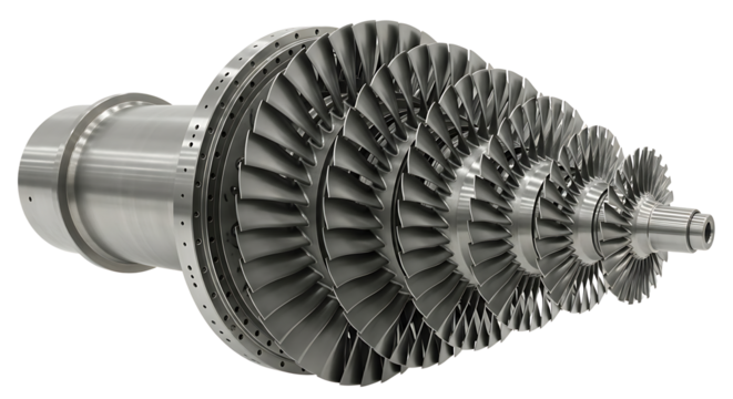 Large Industrial Gas Turbine Rotor with Multiple Blades in Metal Finish