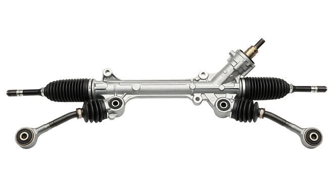 Automotive Steering Rack with Black Rubber Boots and Metal Components