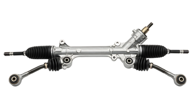 Automotive Steering Rack with Black Rubber Boots and Metal Components