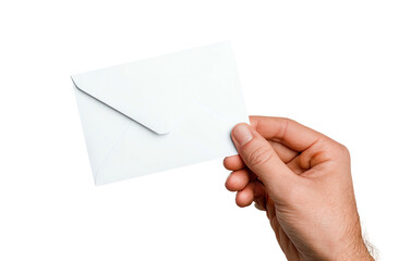 Fototapeta premium A human hand isolated on black background, holding a white envelope at an angle