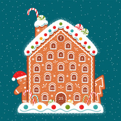 Christmas winter advent calendar featuring a gingerbread house with sweets. December holiday dates. Vector illustration.
