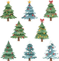 Collection of decorated watercolor christmas trees with lights and ornaments