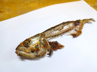 Fried fish bones on a white background. Food scraps. Unique shape of a whole head with eyes, lips, and bones in the body. Art food photography idea. Close up. Selective focus. Copy space.
