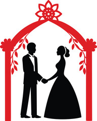 Bride and groom silhouette under red wedding arch couple