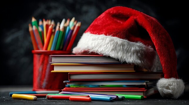Santa hat on stack of books and colored pencils for christmas back to school