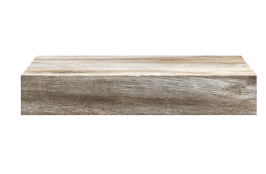 Isolated, weathered, horizontal, wooden block, with visible grain and natural imperfections, on black