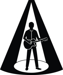 Guitarist Standing in Spotlight with Geometric Beams