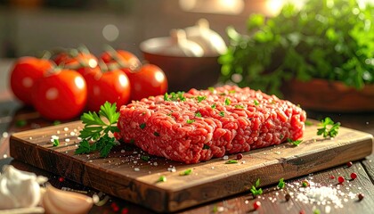 Fresh Ground Beef Patty Seasoned With Herbs And Spices Resting On A Wooden Cutting Board With Tomatoes And Garlic In The Background Prepared For Cooking
