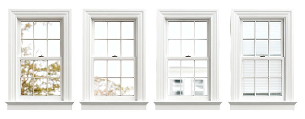 Four identical, white framed, double-hung windows side-by-side. Different views from outside