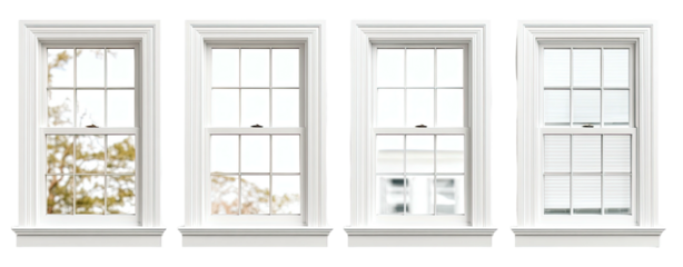 Four identical, white framed, double-hung windows side-by-side. Different views from outside