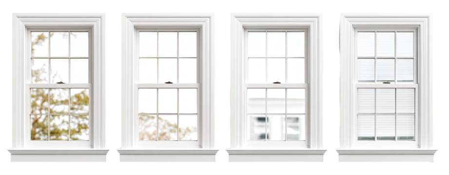 Four identical, white framed, double-hung windows side-by-side. Different views from outside