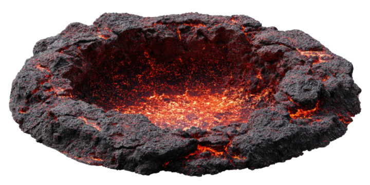 A detailed illustration of a volcanic crater, showcasing glowing molten lava within a dark, rocky structure